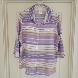Alfred Dunner Charm School Purple Striped Button Down 3/4 Sleeve Top